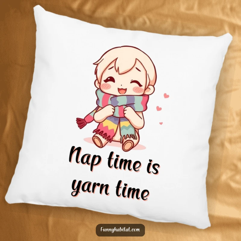 Funny pillow featuring a content smiling knitter character as she knits a long, colorful scarf, bringing comfort and joy.