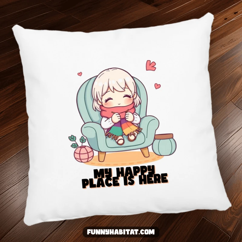 Funny pillow with a cute character knitting a vibrant scarf in a cozy armchair, providing soft, humorous decorative comfort.
