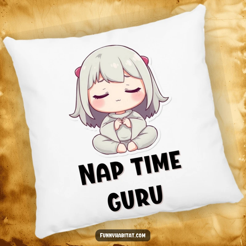 Funny pillow depicting a character meditating peacefully with closed eyes, providing comfort and a humorous reminder to relax.