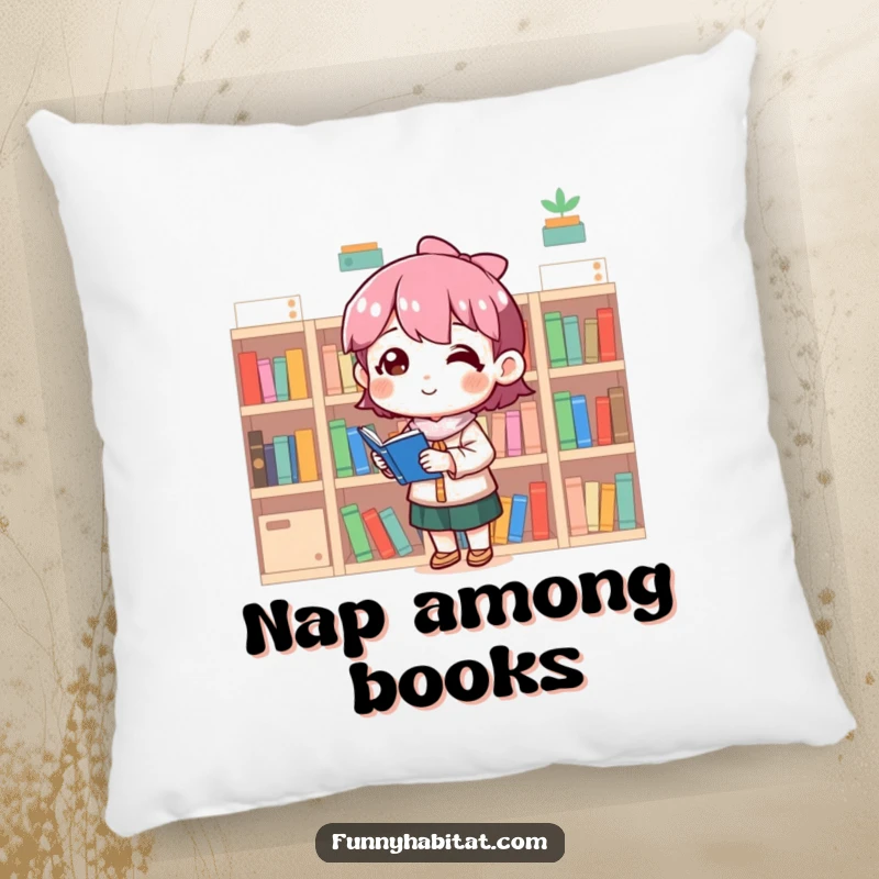 Funny pillow depicting a character meticulously organizing tiny bookshelves with a look of absolute satisfaction and a peaceful smile.