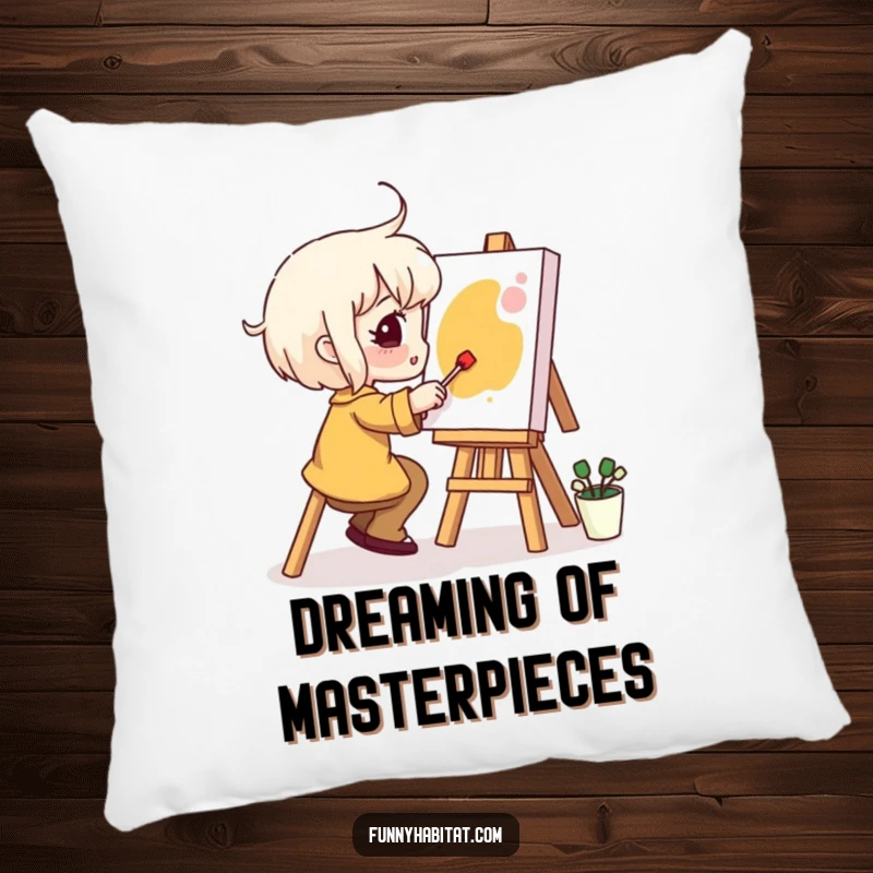 Funny Pillow: A happy character artistically paints on a small canvas, bringing creative comfort and humor to any space.