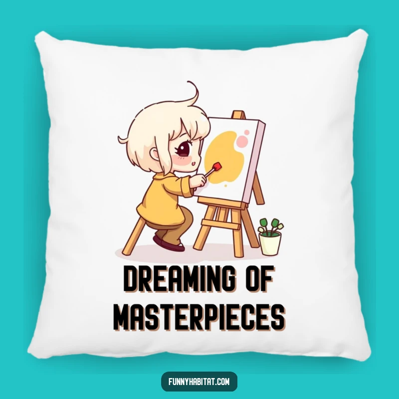 Funny Pillow: Cozy Painter Character Spreading Artistic Cheer, Perfect Gift