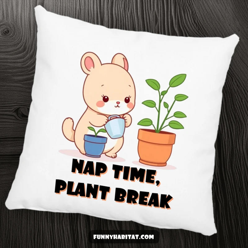 Funny decorative pillow with a cute small animal character watering a tiny houseplant, adding comfort and humor.