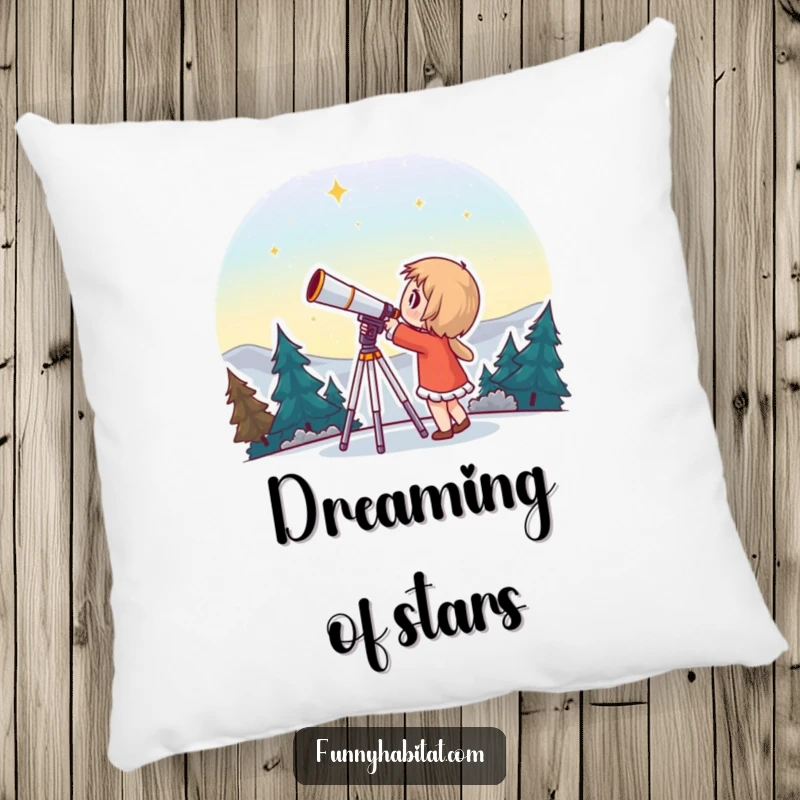 Funny pillow with a character looking through a telescope with wonder, bringing the awe of space into your home.