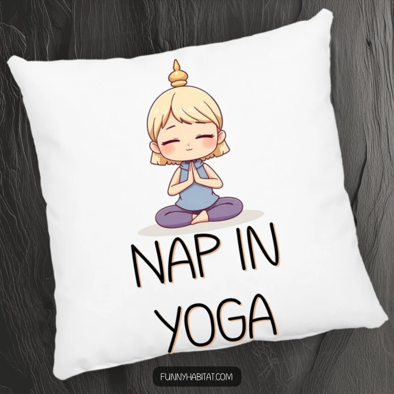 Funny pillow with a character in a calm, serene yoga pose, perfect for adding comfort and mindful humor to relaxation spaces.