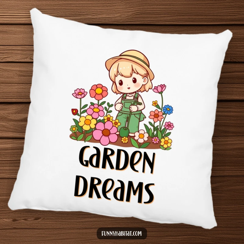 Funny gardening pillow with a character happily tending to colorful blooms, adding a touch of plant-themed humor.