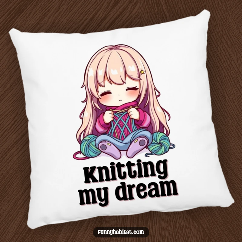 Funny Pillow: A focused character knits with colorful yarn, bringing cozy, humorous crafting vibes to any relaxation space.