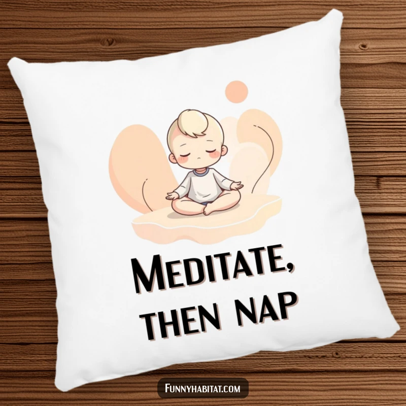 Funny pillow featuring a character meditating amidst abstract shapes, providing a calming and humorous accent to any seating area.