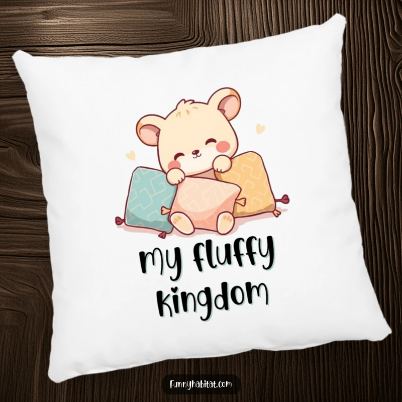 Funny decorative pillow with an animal character playfully rearranging pillows, perfect for comfort and style.