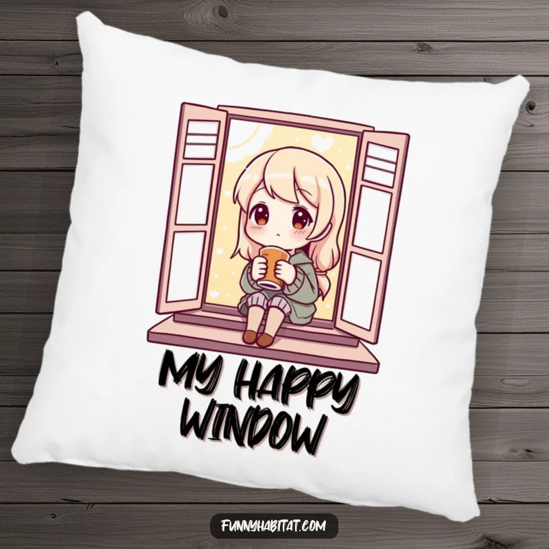 Funny Pillow with a content character enjoying a warm beverage by a window, perfect for adding comfort and a touch of cozy humor.