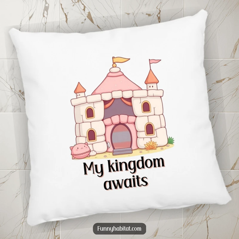 Funny Pillow with a character building a soft cushion fort, perfect for adding comfort and a touch of playful imagination.