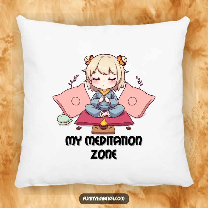 Funny pillow with a peaceful character meditating amongst soft cushions and gentle incense, adding comfort and humor.