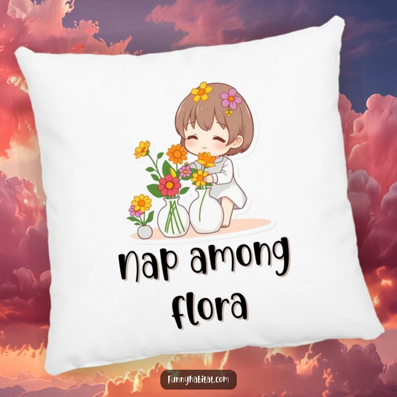 Funny pillow with a character arranging colorful flowers in a vase, bringing a touch of nature indoors.