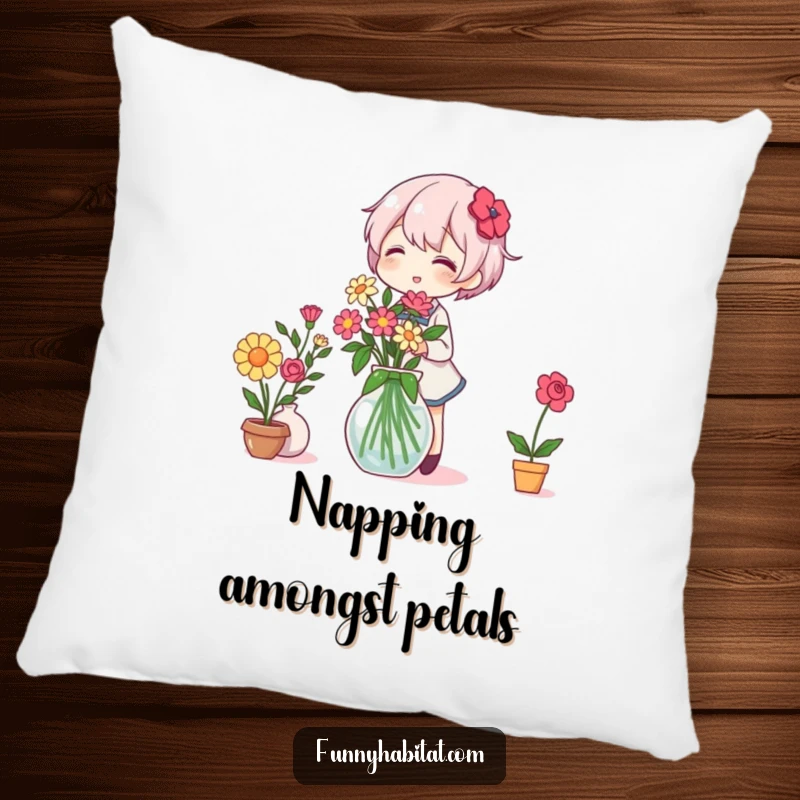 Funny Pillow: A cheerful character joyfully arranges flowers in a vase, bringing cozy, humorous floral charm to any setting.