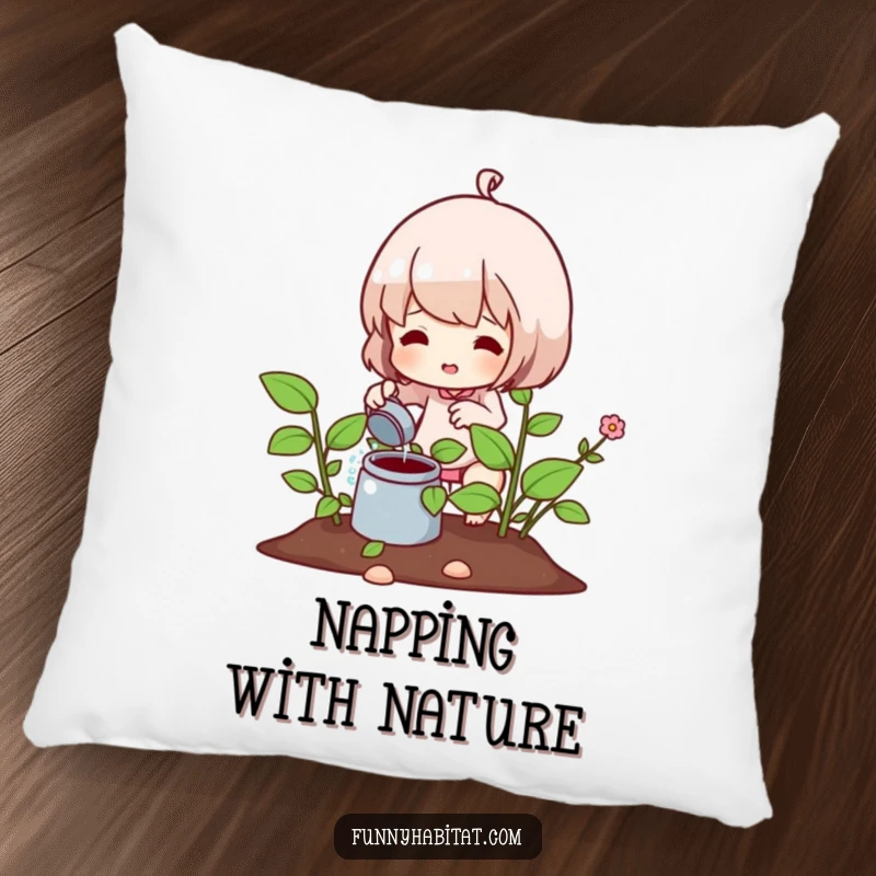 Funny pillow with a character watering a healthy plant, offering a soft and humorous decorative accent for any seat.