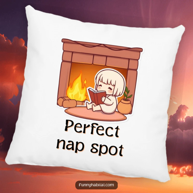 Funny pillow featuring a cute character enjoying a book by a warm fireplace, evoking comfort and cozy vibes.