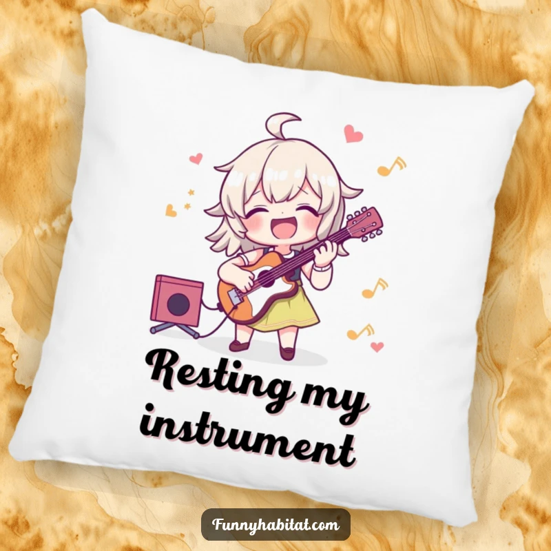 Funny pillow illustrating a character joyfully playing a musical instrument, perfect for adding comfort and humor to a couch.
