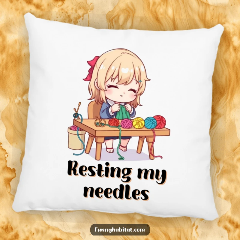 Funny pillow with a diligent character crafting with colorful yarn and needles at a desk, adding comfort and humor.
