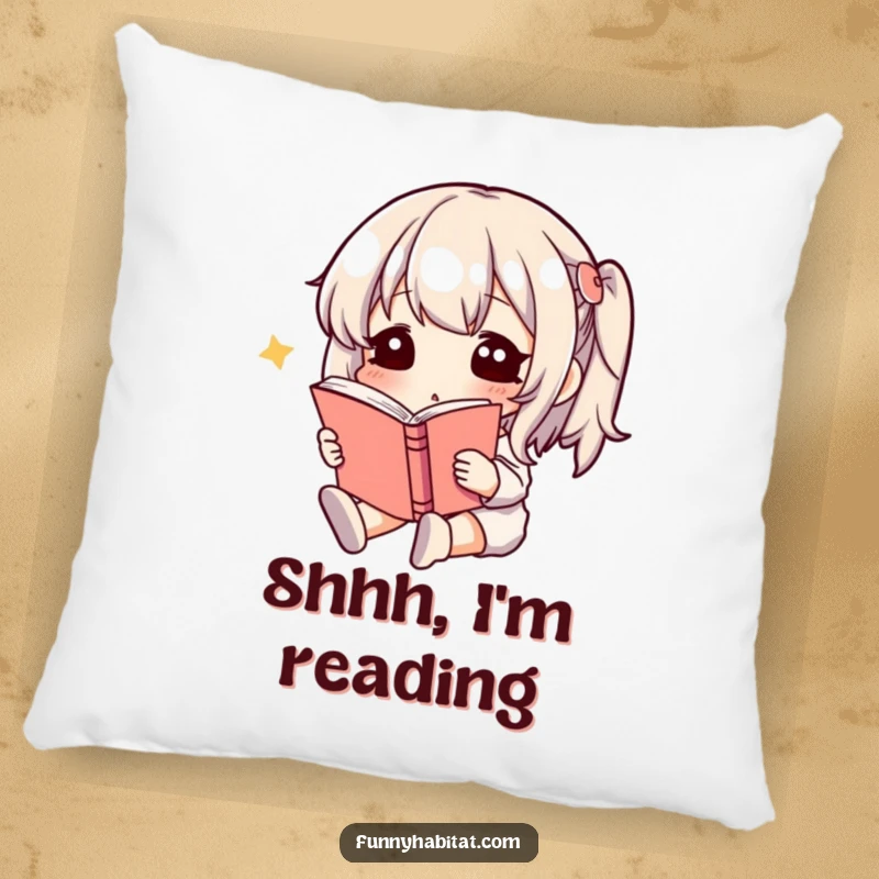 Funny Pillow with a calm, happy character reading intently, providing comfort and a touch of literary humor to any sofa or bed.