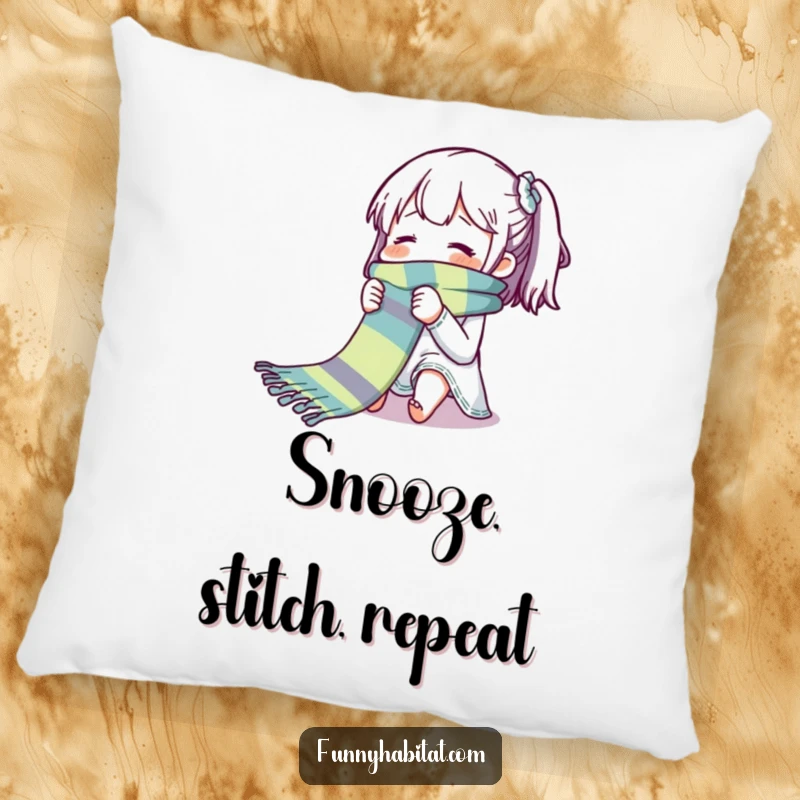 Funny pillow depicting a character blissfully knitting a long, vibrant, and colorful scarf with a serene expression.