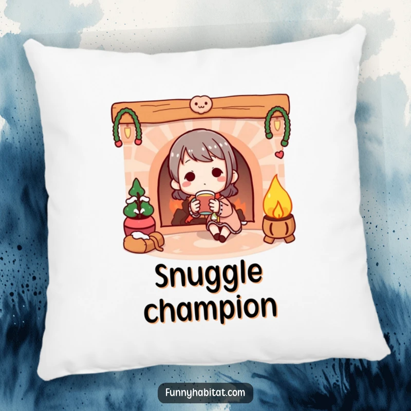 Funny Pillow: A cute character enjoying a warm drink by a cozy illustrated fireplace, perfect for comfort.