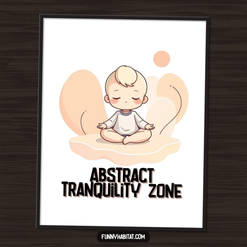 Funny digital art print of a character meditating serenely amidst abstract flowing shapes, ideal for calm and humorous wall decor.