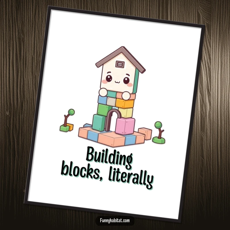 Funny digital art print of a character focused on building a block structure, ideal for a humorous and uplifting wall display.