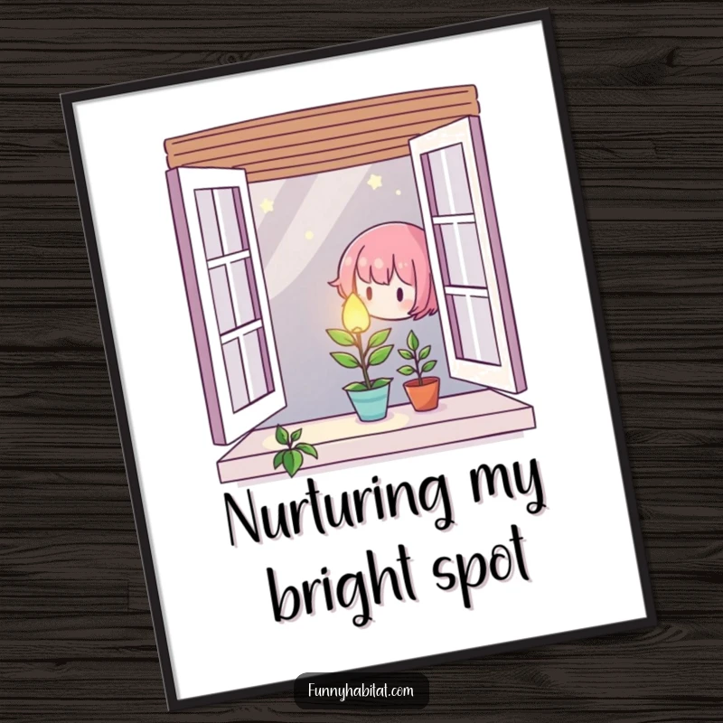 Character gently caring for a tiny, glowing plant in a window, available as a high-resolution digital art print.