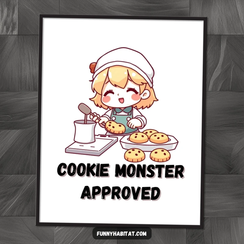 Funny digital art print of a character happily baking cookies, with a tray full of delicious treats nearby.