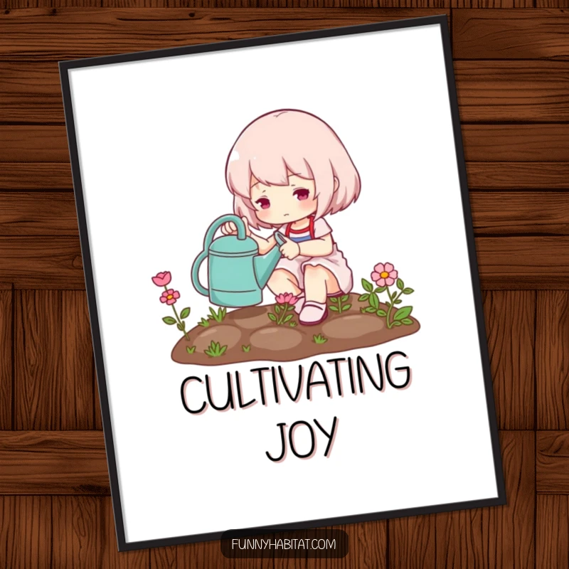 Funny digital art featuring a cute character watering a miniature garden, a peaceful and downloadable piece of nature-themed art.