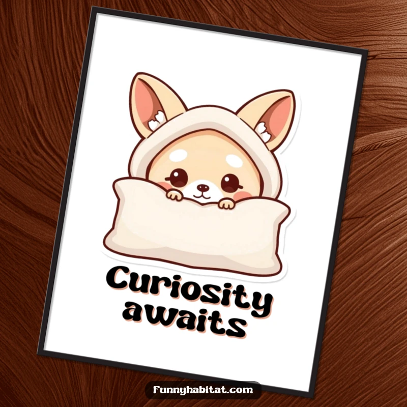 Funny digital art print of a curious animal character peeking from behind a cushion, perfect for immediate download.