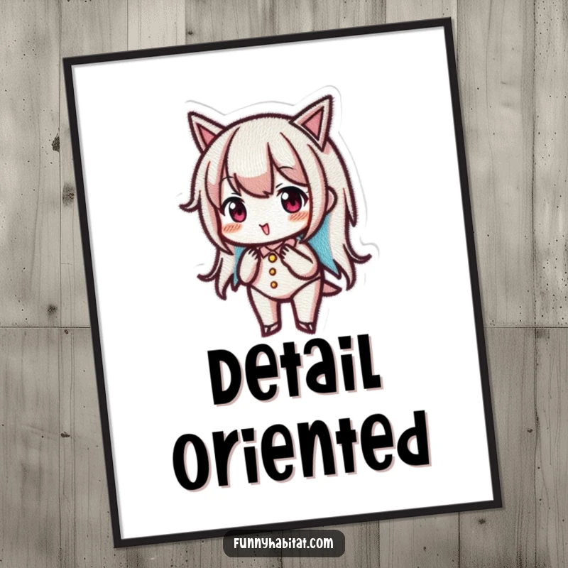 Funny digital art print showing a character with intense focus, meticulously embroidering a small, intricate design.