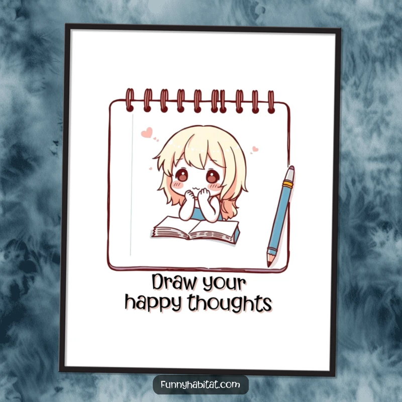 Funny digital art print of a character with a thoughtful expression sketching in a notebook, a calm and artistic piece.