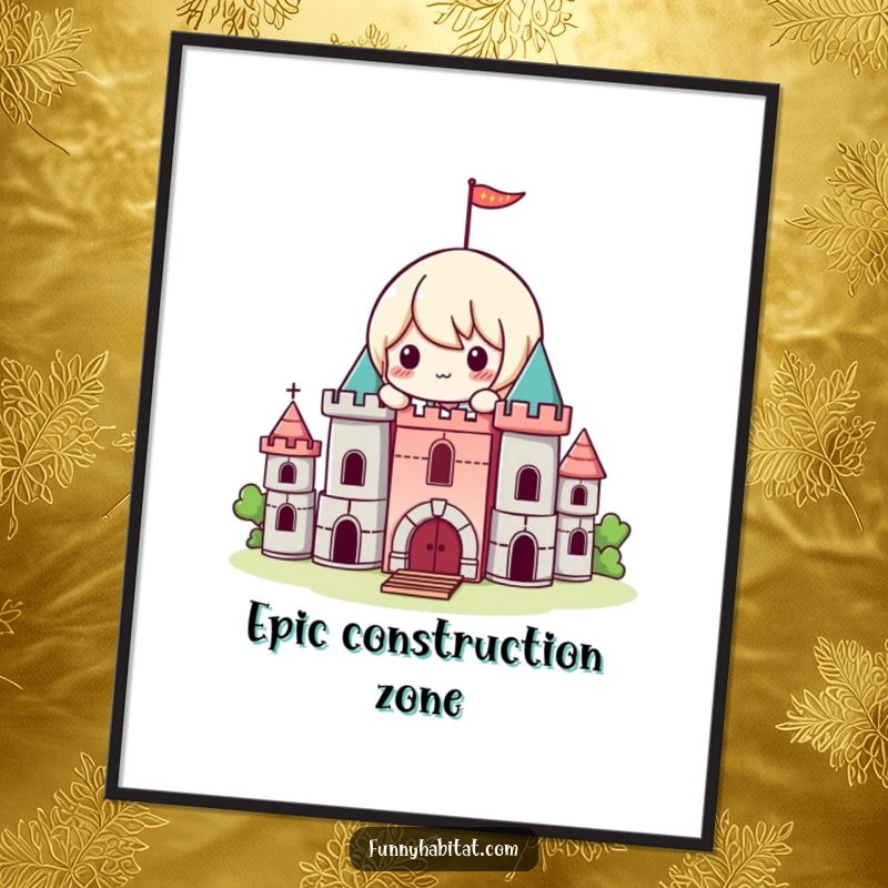 Funny Kawaii Digital Art Print, a playful character builds a miniature castle with blocks, whimsical decor.