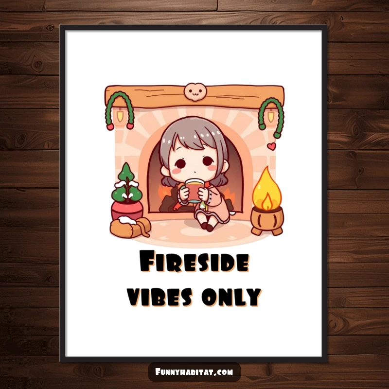 Funny Digital Art Print: A character happily enjoying a warm drink by a cozy illustrated fireplace.