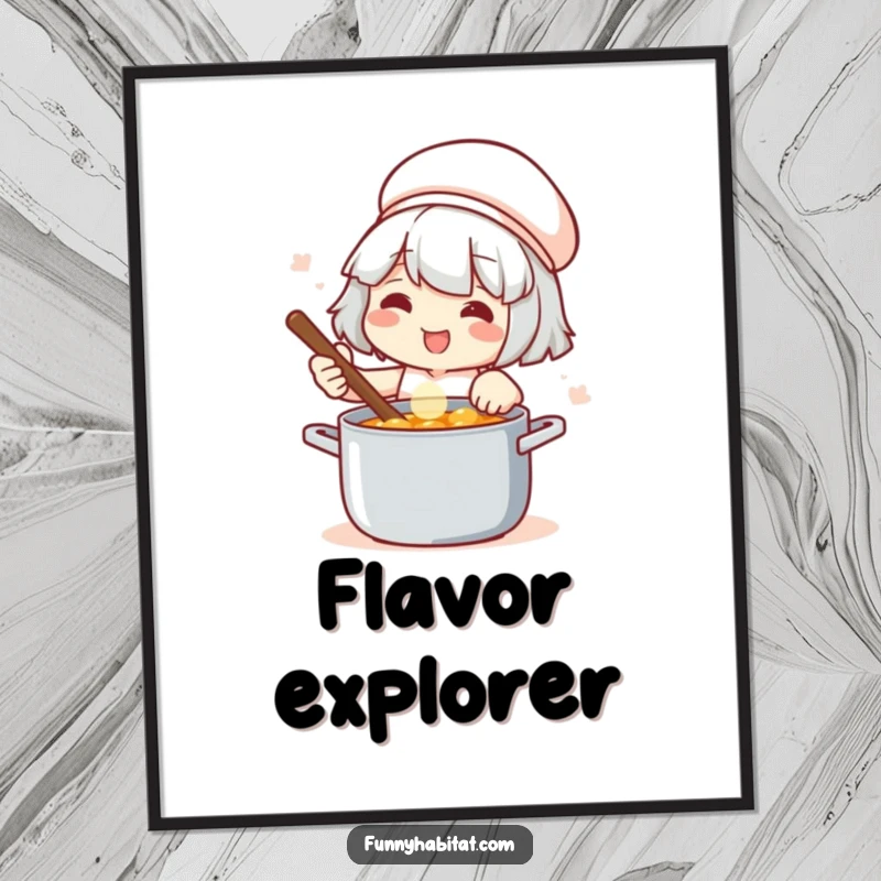 Funny digital art print of a happy chef stirring a pot with a satisfied smile, celebrating the art of cooking.