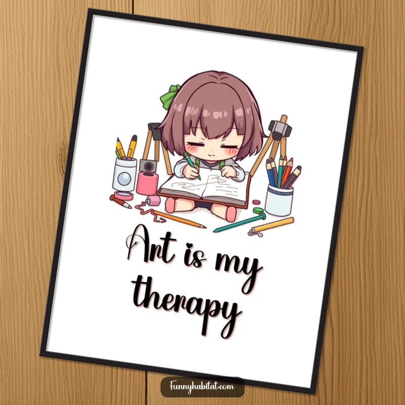 Funny artist digital art print of a character sketching intently, ready to print and frame for humorous wall decor.