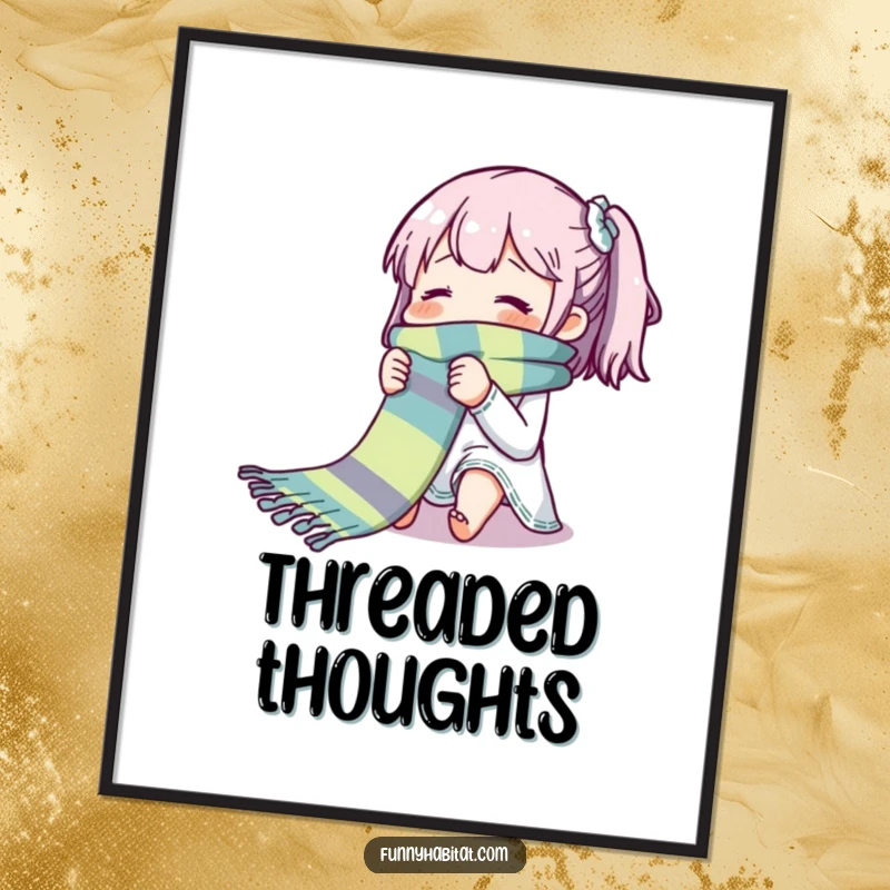 Funny digital art print of a character blissfully knitting a long, colorful scarf; humorous and inspiring craft decor.