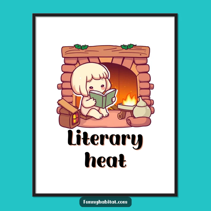 Funny Bookworm Digital Art: Cozy Fireplace Reader, Instant Cozy Decor