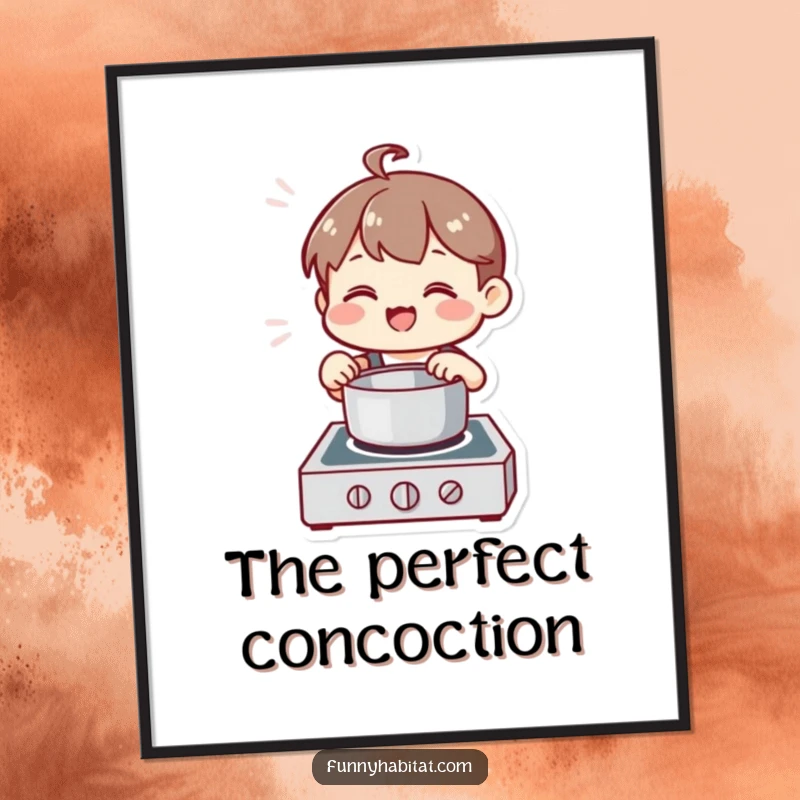 Funny Chef Digital Art Print, a happy character stirs a pot on a stove, cheerful kitchen decor.