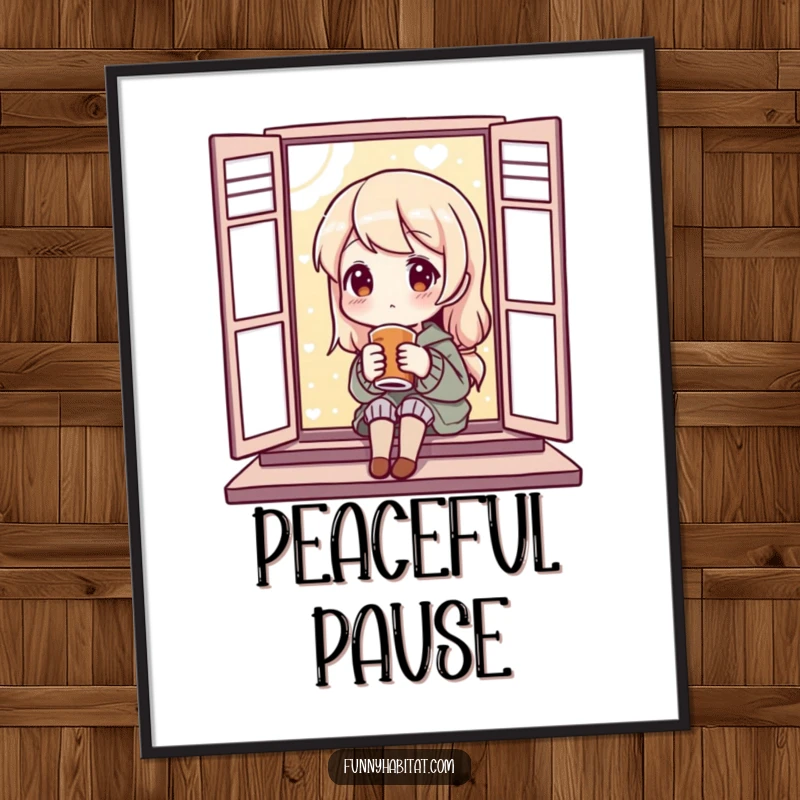 Funny Digital Art Print of a content character enjoying a warm beverage by a window, adding cozy humor and visual appeal.