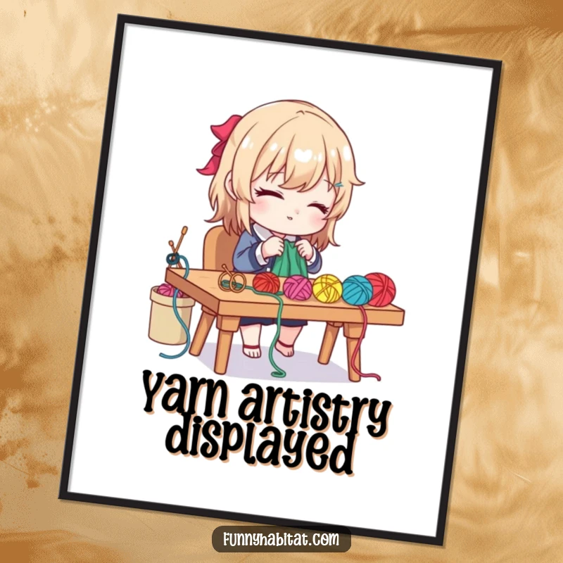 Funny digital art print of a diligent character crafting with colorful yarn and needles at a desk, ready to frame.