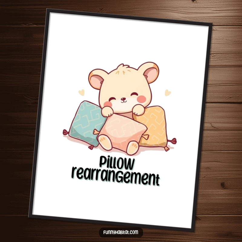 Funny digital art print of an animal character playfully rearranging decorative pillows, perfect for immediate download.