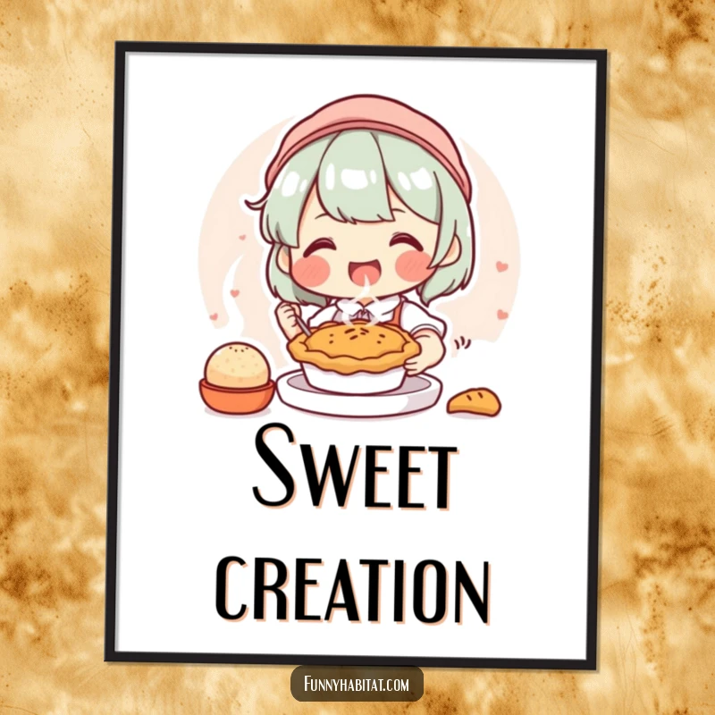 Funny digital art print of a joyful character happily baking a small, steaming pie, offering warm and humorous kitchen decor.