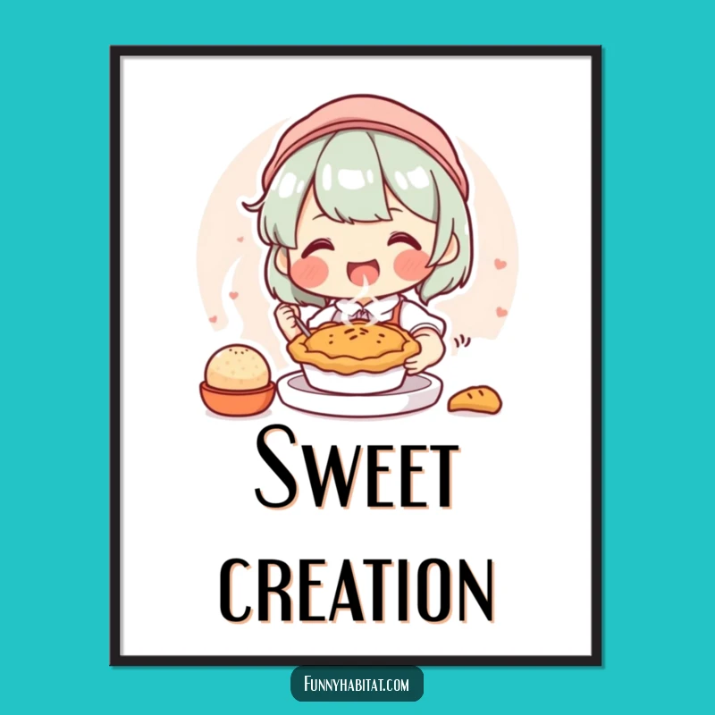 Funny Digital Art: Happy Baker Character Pie Baking, Humorous Wall Decor