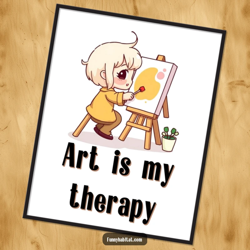Funny Digital Art Print: A character joyfully paints a small canvas, embodying creative spirit and humorous artistic expression.