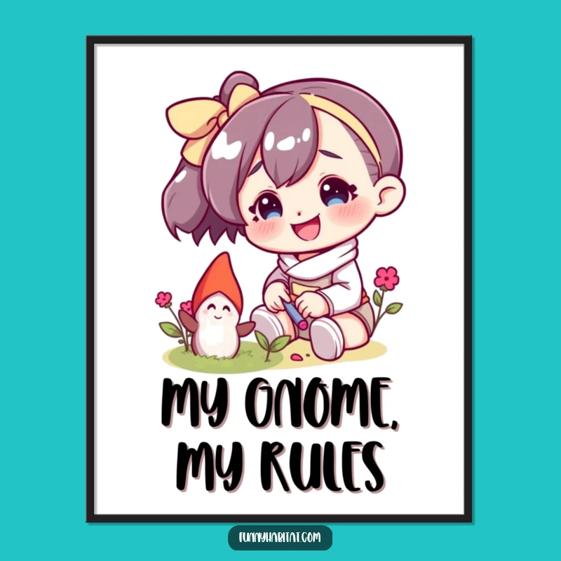 Funny Digital Art Print: Gnome Character Tending Whimsical Decor