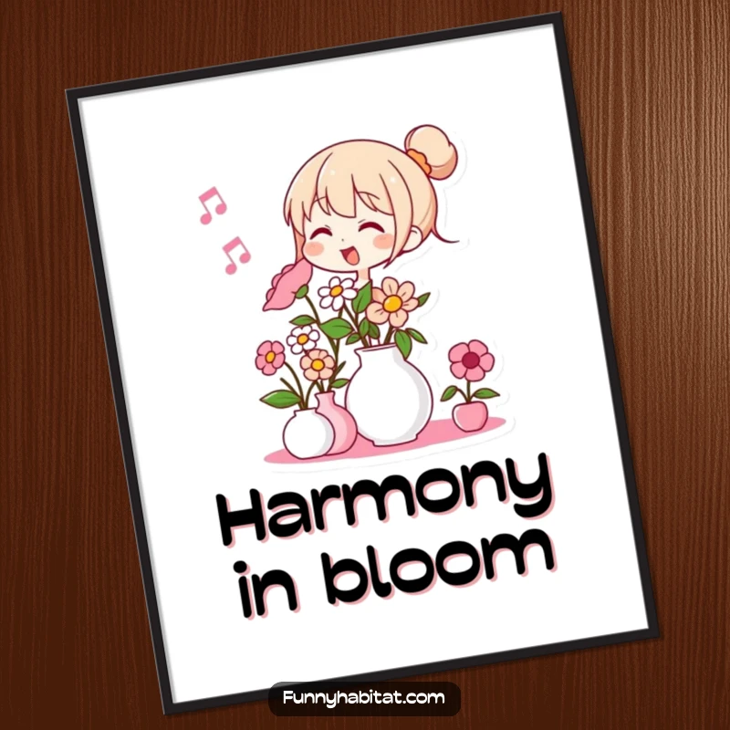 Funny digital art print of a character humming while arranging flowers in a vase; peaceful and humorous artistic decor.