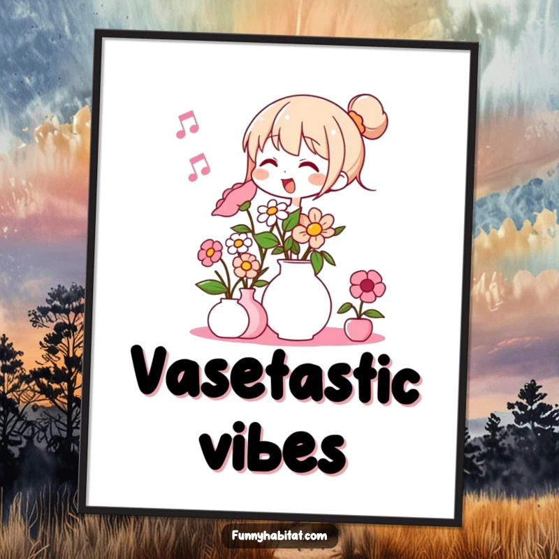 Funny digital art print of a character humming happily while arranging a beautiful bouquet of flowers in a vase.