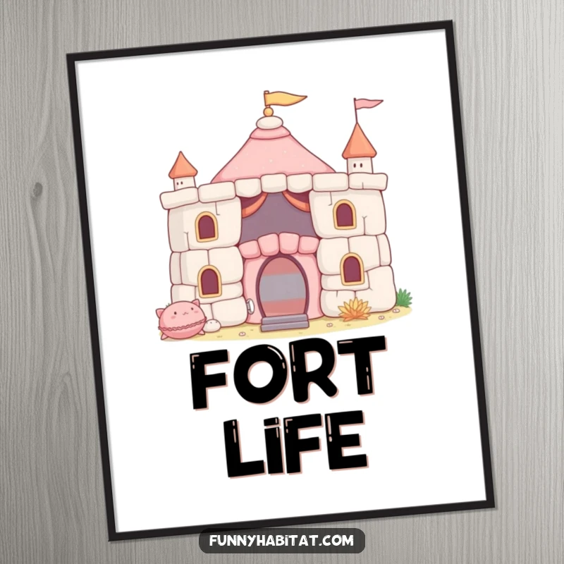 Funny Digital Art Print of a character building a soft cushion fort, adding playful humor and visual appeal to any digital display.